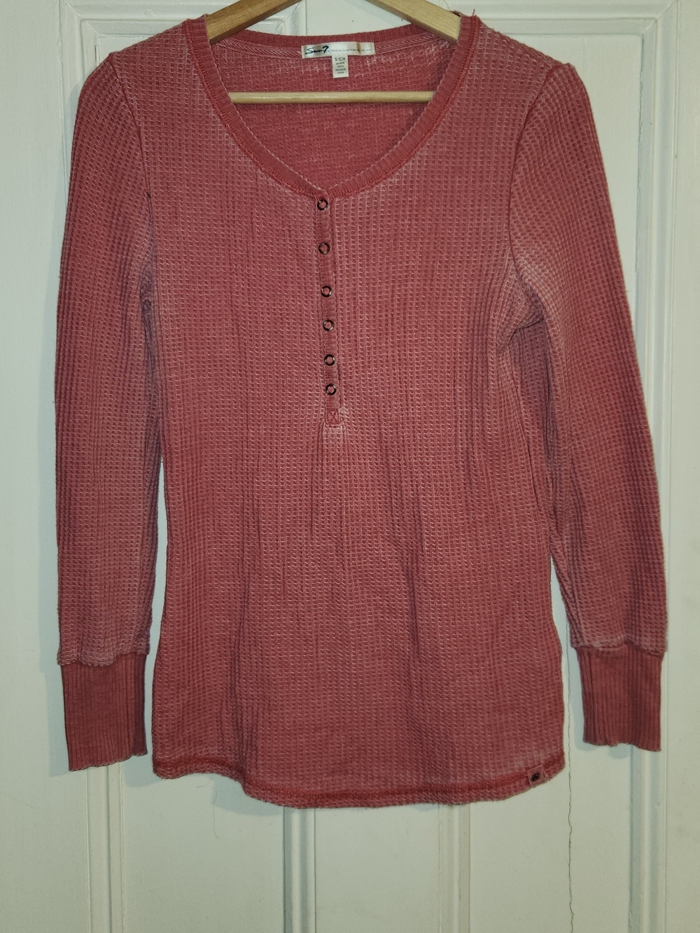 Seven7 Women Rose Pink Waffle Knit Thermal‎ Henley Long Sleeve Top Small